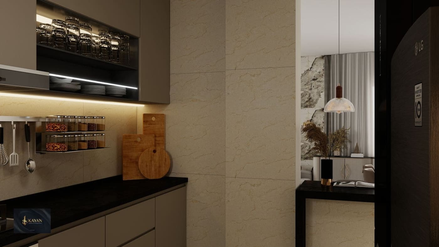 A dark kitchen with stone benchtops, open shelves and under-cabinet lighting