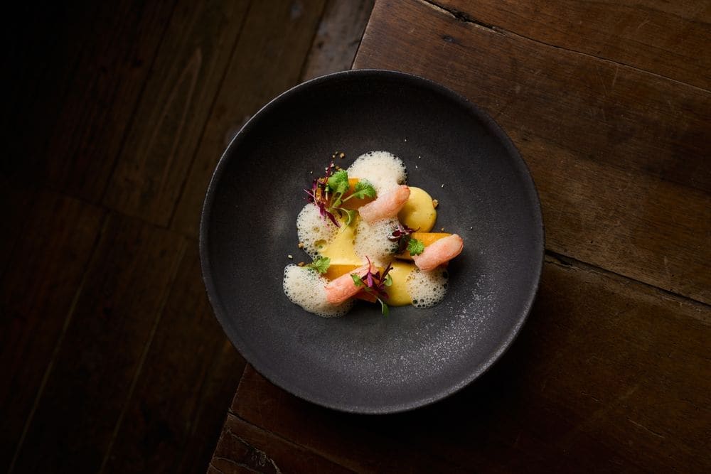 A small plated course in a dark bowl on a timber table