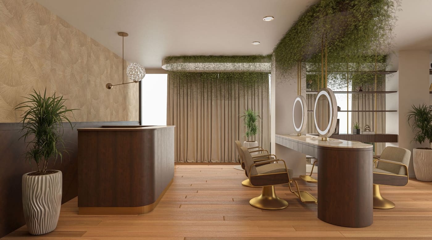 The studio: warm timber, round mirrors and two styling chairs by a window