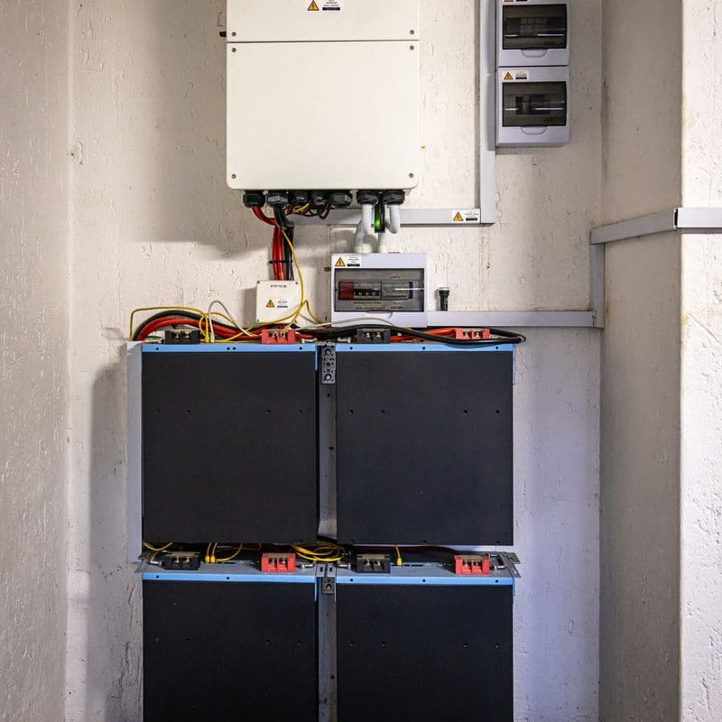 Two stacked home battery units under an inverter on a garage wall
