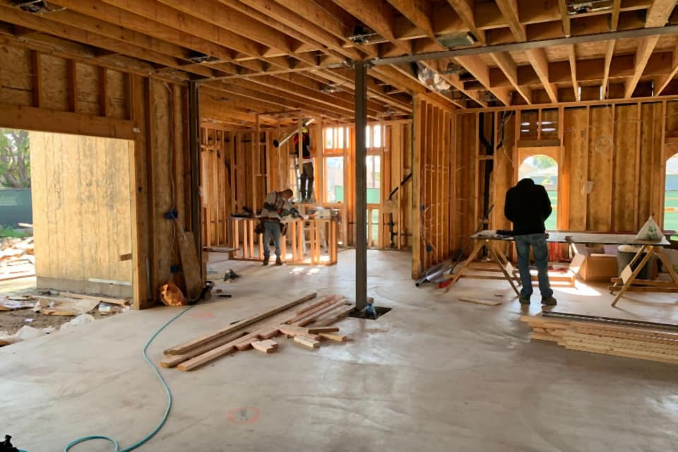 The timber frame of a house under construction